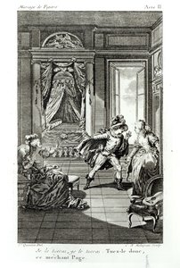 "Vou matá-lo ...", cena do ato II de "O casamento de Fígaro", de Pierre-Agostinho Caron de Beaumarchais (1732-99) gravado por Claude Nicolas Malapeau (1755-1803) 1785 (bw phot